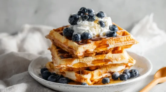 Gluten-free waffles stacked with whipped cream, blueberries, and syrup dripping down