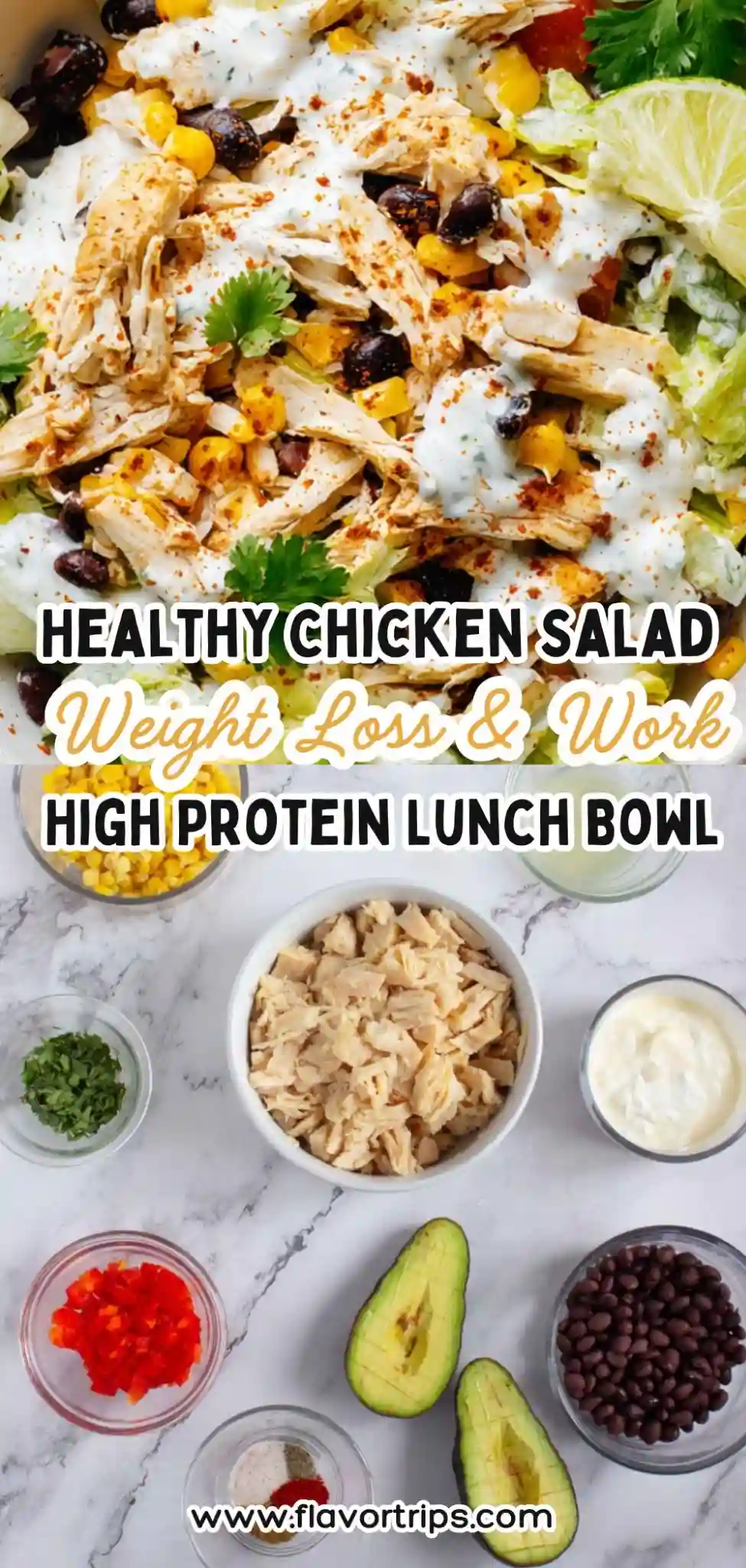 healthy chicken salad with black beans, corn, and creamy yogurt dressing