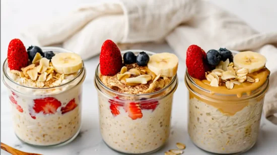 high-protein overnight oats with strawberries, bananas, blueberries and peanut butter in glass jars