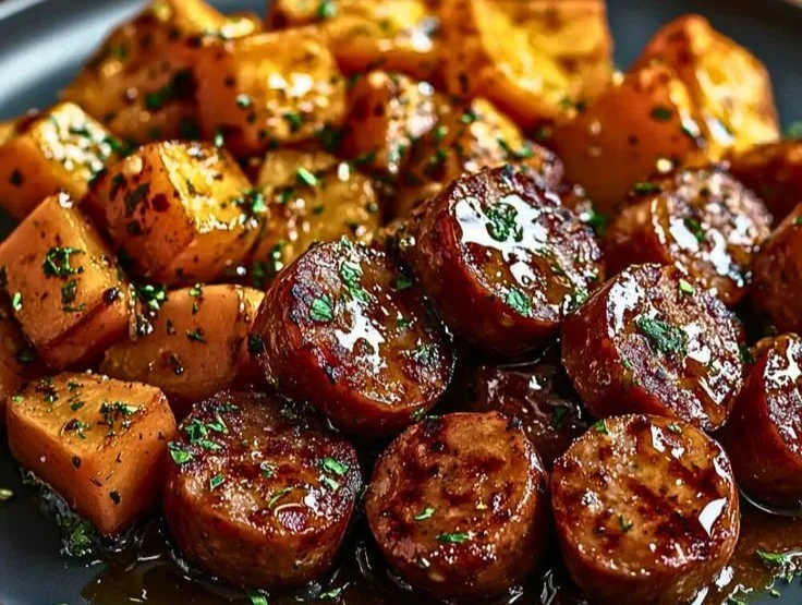 Honey garlic sausage dish served with roasted sweet potatoes