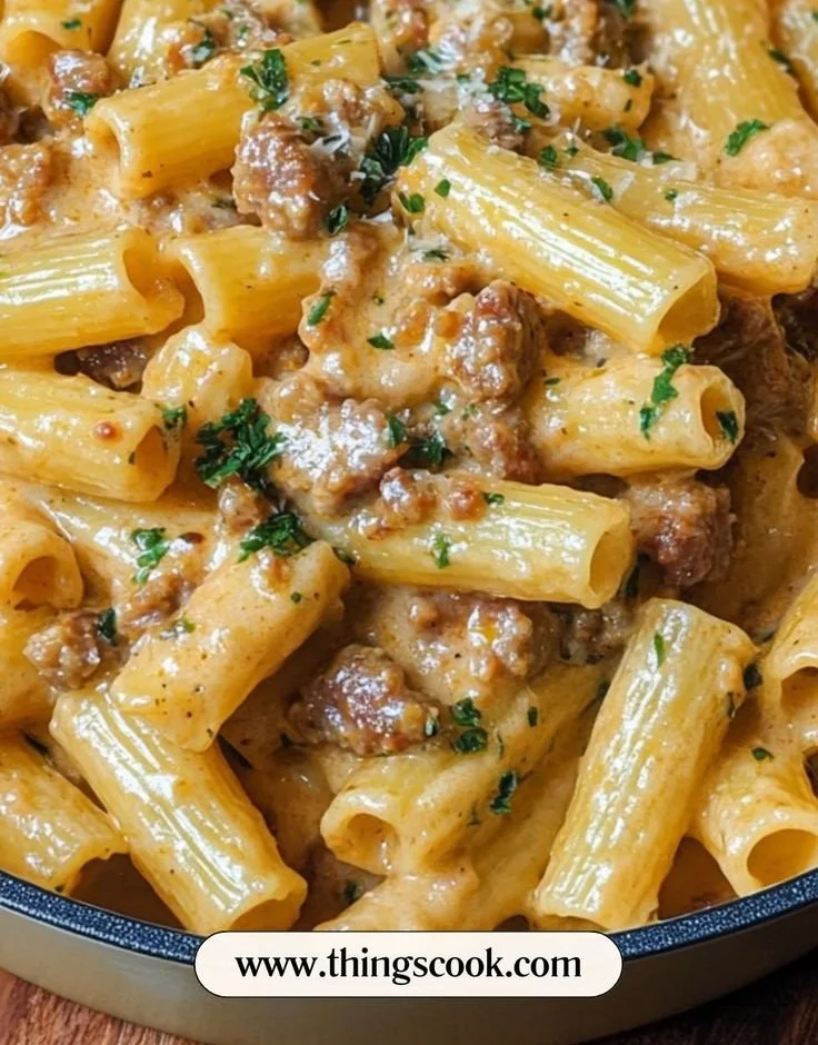A bowl of Italian Sausage Rigatoni with rich sauce and herbs.