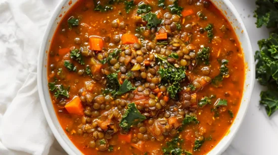High Protein Lentil Soup with kale, carrots, and tomato broth in a white bowl, perfect for a cozy high-protein vegan meal