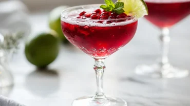 Close-up of ruby red pomegranate mocktail with lime wedge and mint in crystal glass