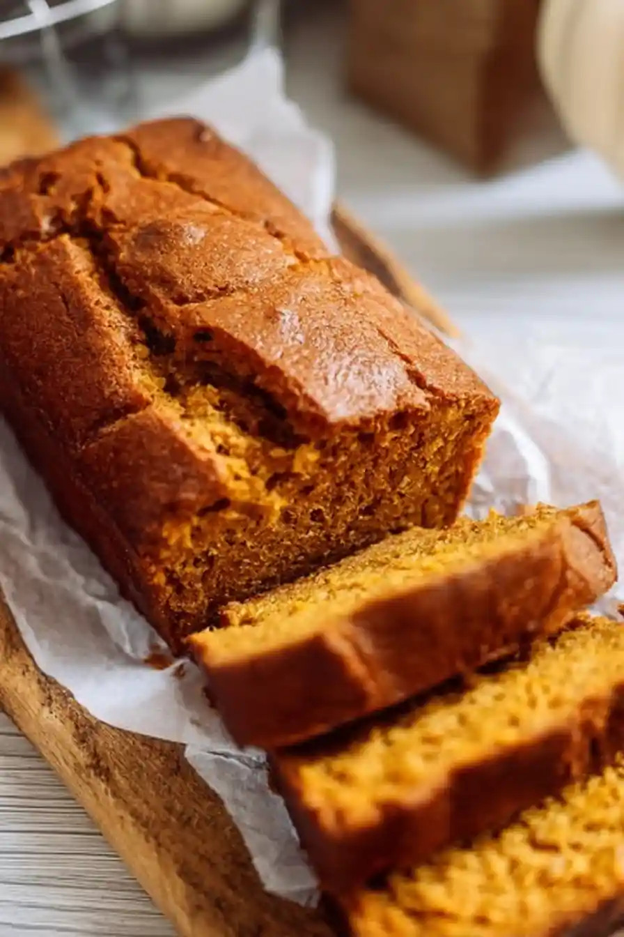 classic pumpkin bread loaf sliced on parchment paper