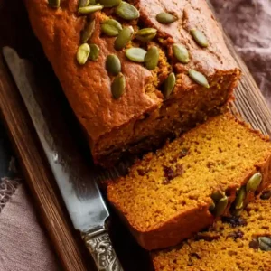 sliced pumpkin bread topped with pepitas on wooden board