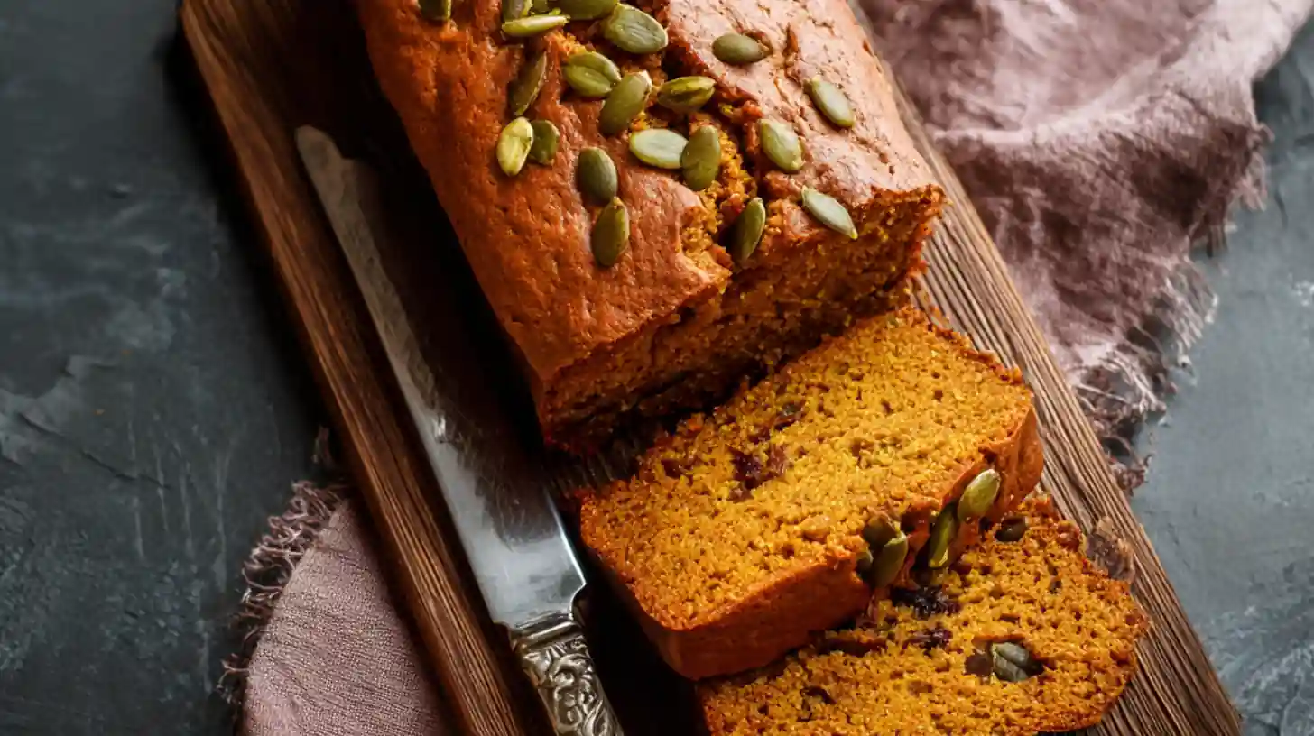 sliced pumpkin bread topped with pepitas on wooden board