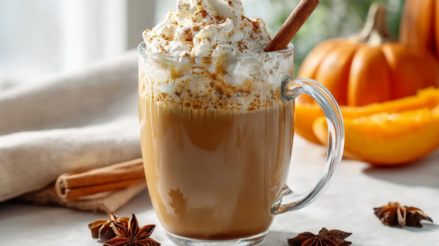 pumpkin spice latte con panna montata, bastoncino di cannella e anice stellato su sfondo autunnale