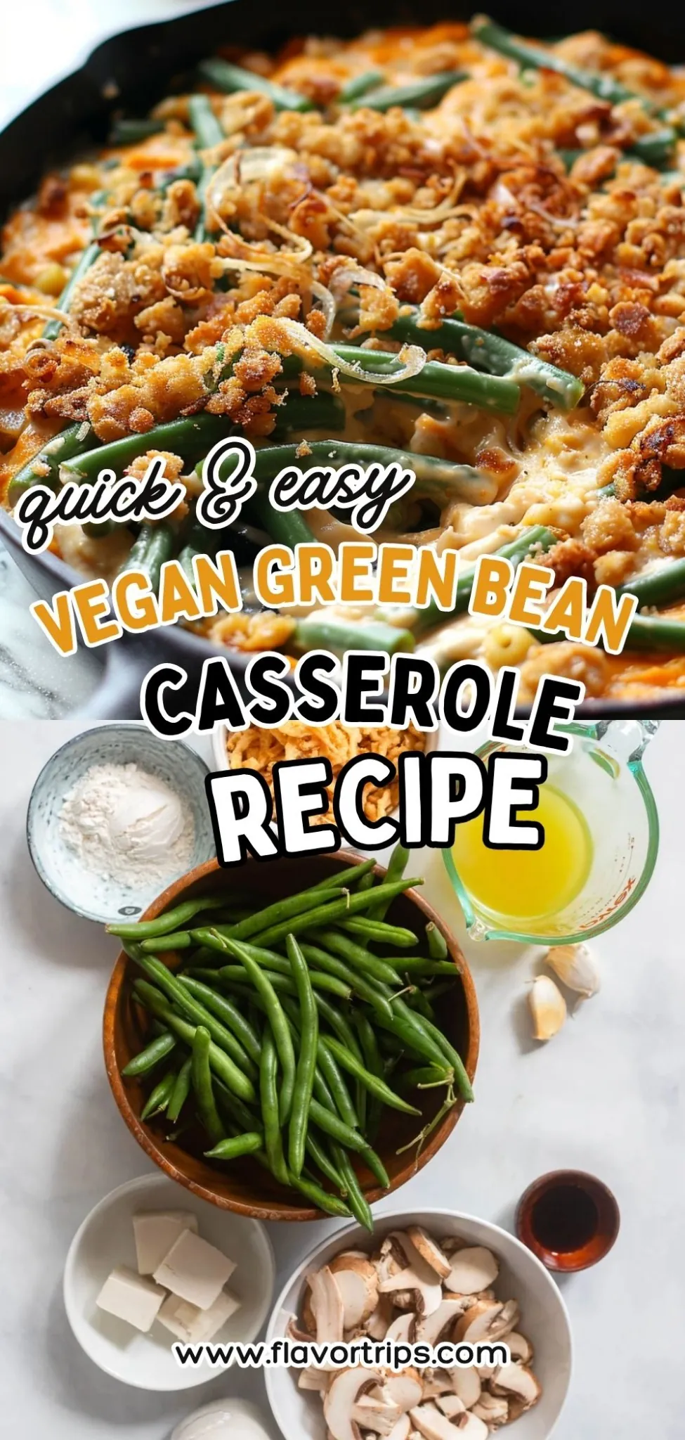 Quick and easy vegan green bean casserole with crispy onions and creamy sauce