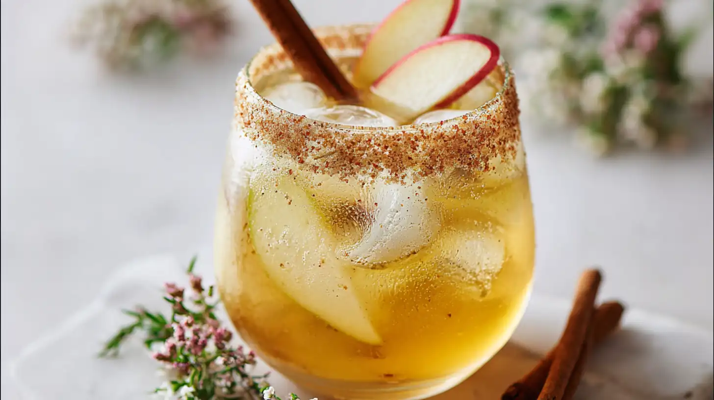 Sparkling apple cider mocktail with ice, apple slices, and cinnamon stick in a sugar-rimmed glass on a white background