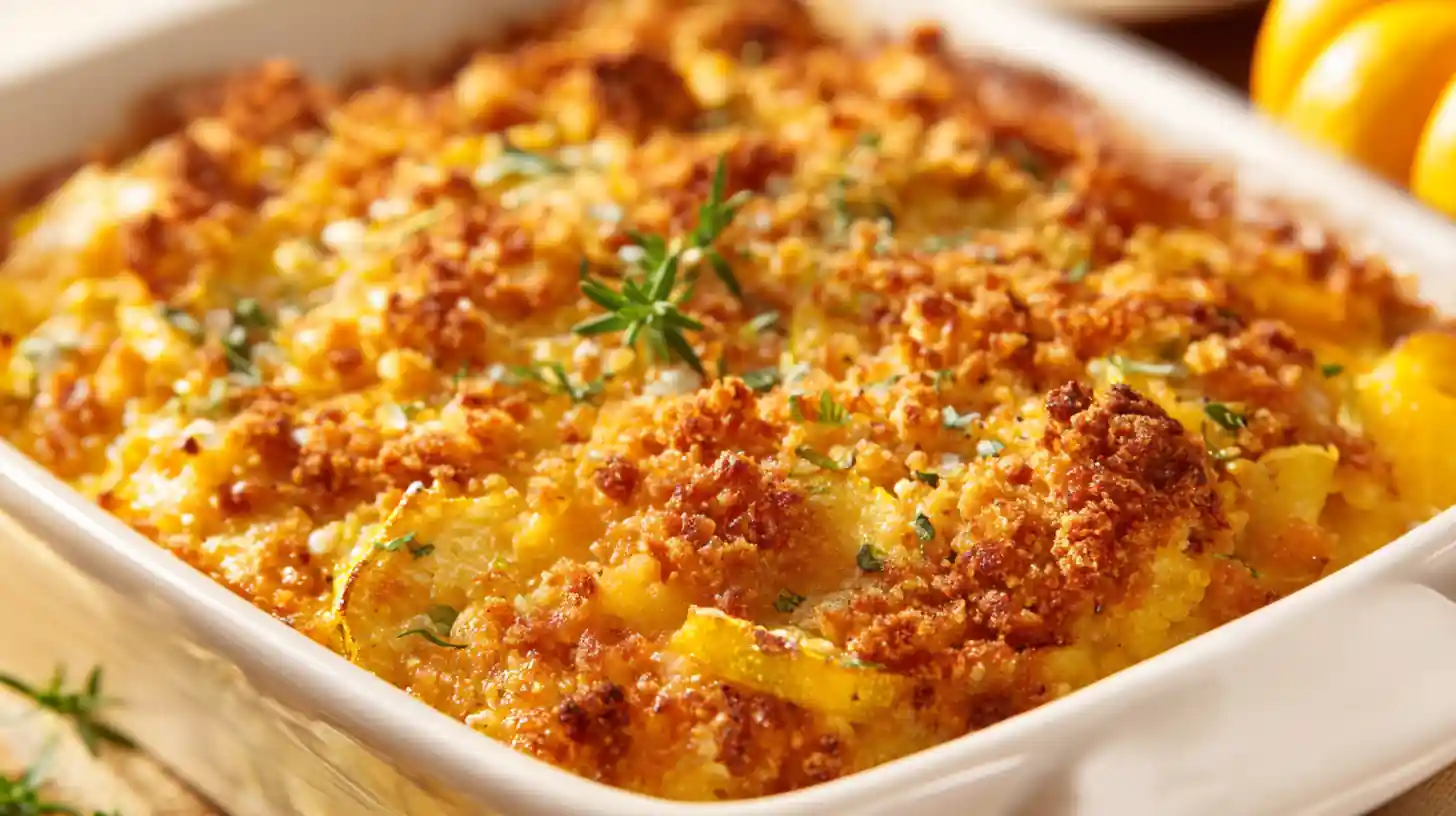 Golden baked squash casserole topped with crispy breadcrumbs and fresh herbs