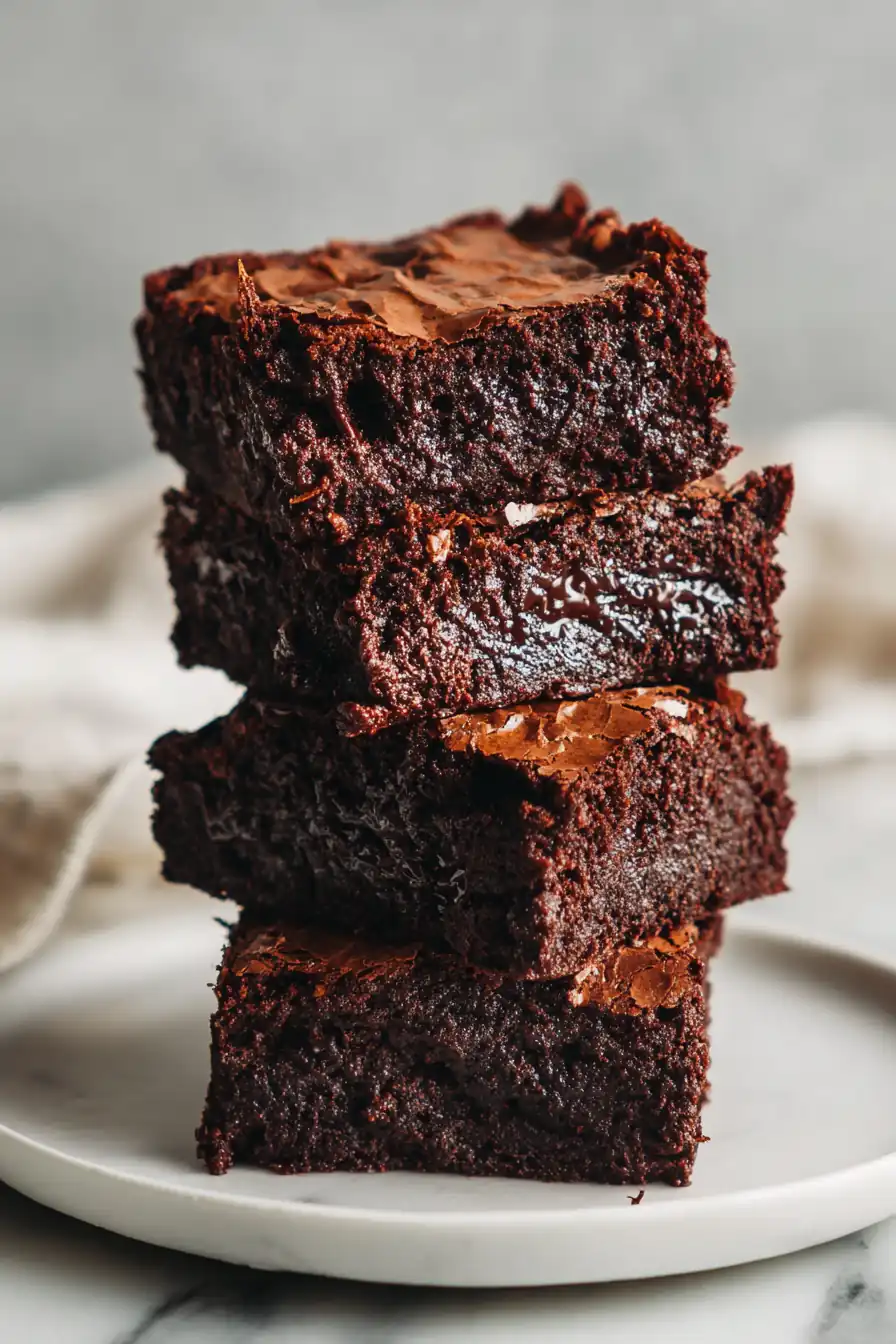 stack of fudgy gluten‑free brownies with shiny tops and gooey centers