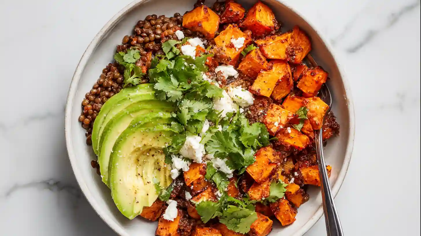 Overhead view of sweet potato taco bowl with avocado slices, lentils, cilantro, and crumbled cheese in a ceramic bowl