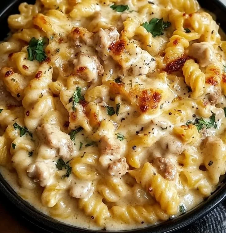 Bowl of Crockpot Garlic Parmesan Chicken Pasta garnished with parsley