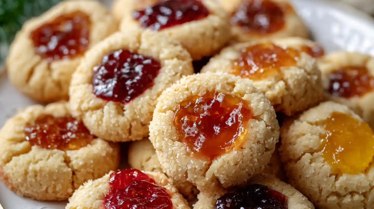 assorted thumbprint cookies with colorful jam centers