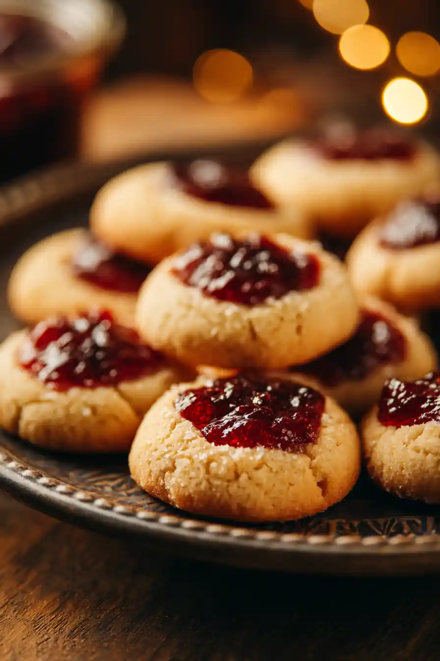 classic thumbprint cookies with red jam on rustic plate