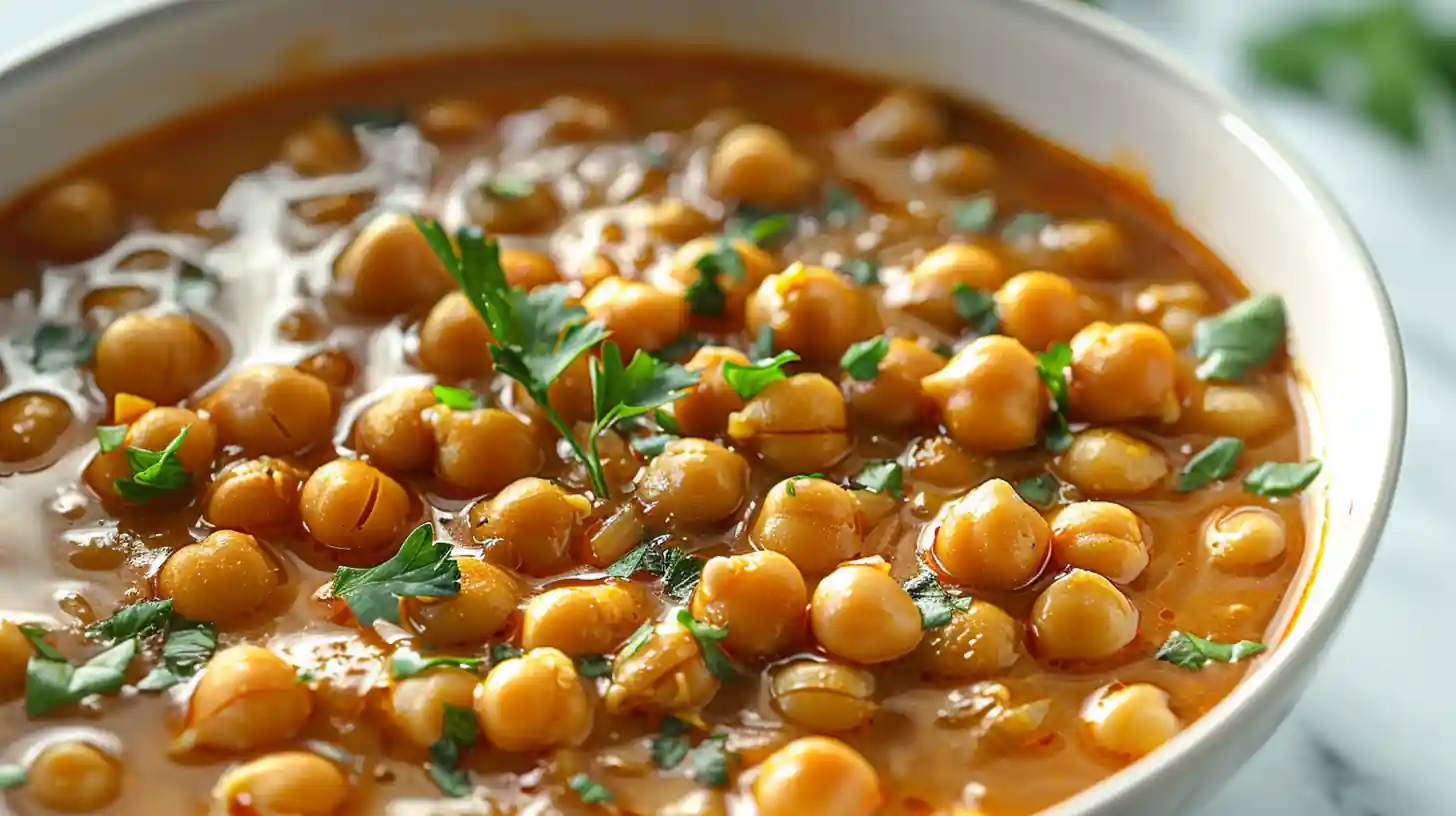 hickpea stew close-up with website branding and vegan chickpea stew text overlay