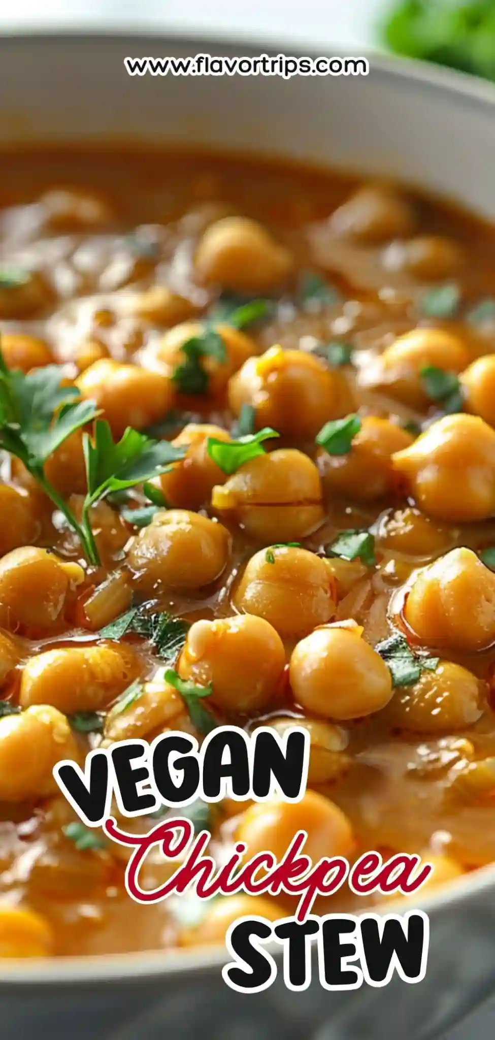 close-up of vegan chickpea stew in tomato broth with fresh parsley
