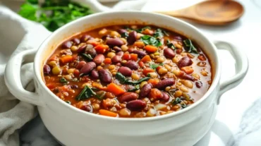 high protein vegan chili in white bowl with beans, carrots, and vegetables