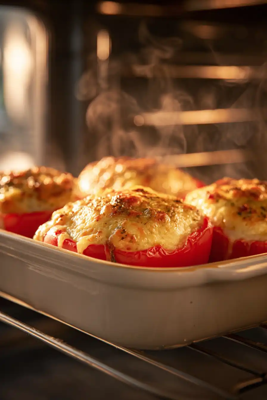 Vegan Italian stuffed peppers with melted dairy-free cheese baking in oven