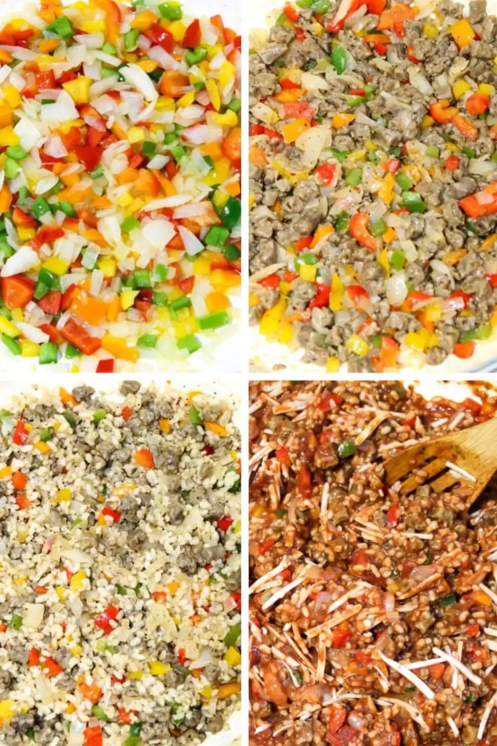 Diced bell peppers, onions, and plant-based filling in prep steps for vegan Italian stuffed peppers