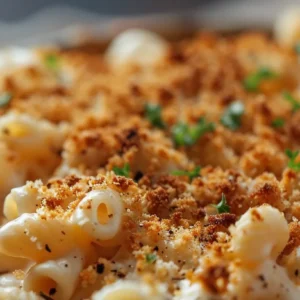 close-up of baked vegan mac and cheese with crispy golden topping and parsley
