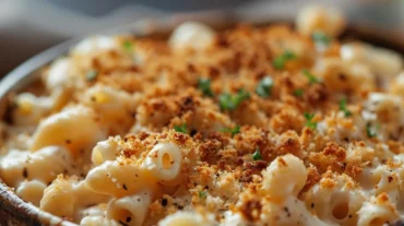 close-up of baked vegan mac and cheese with crispy golden topping and parsley