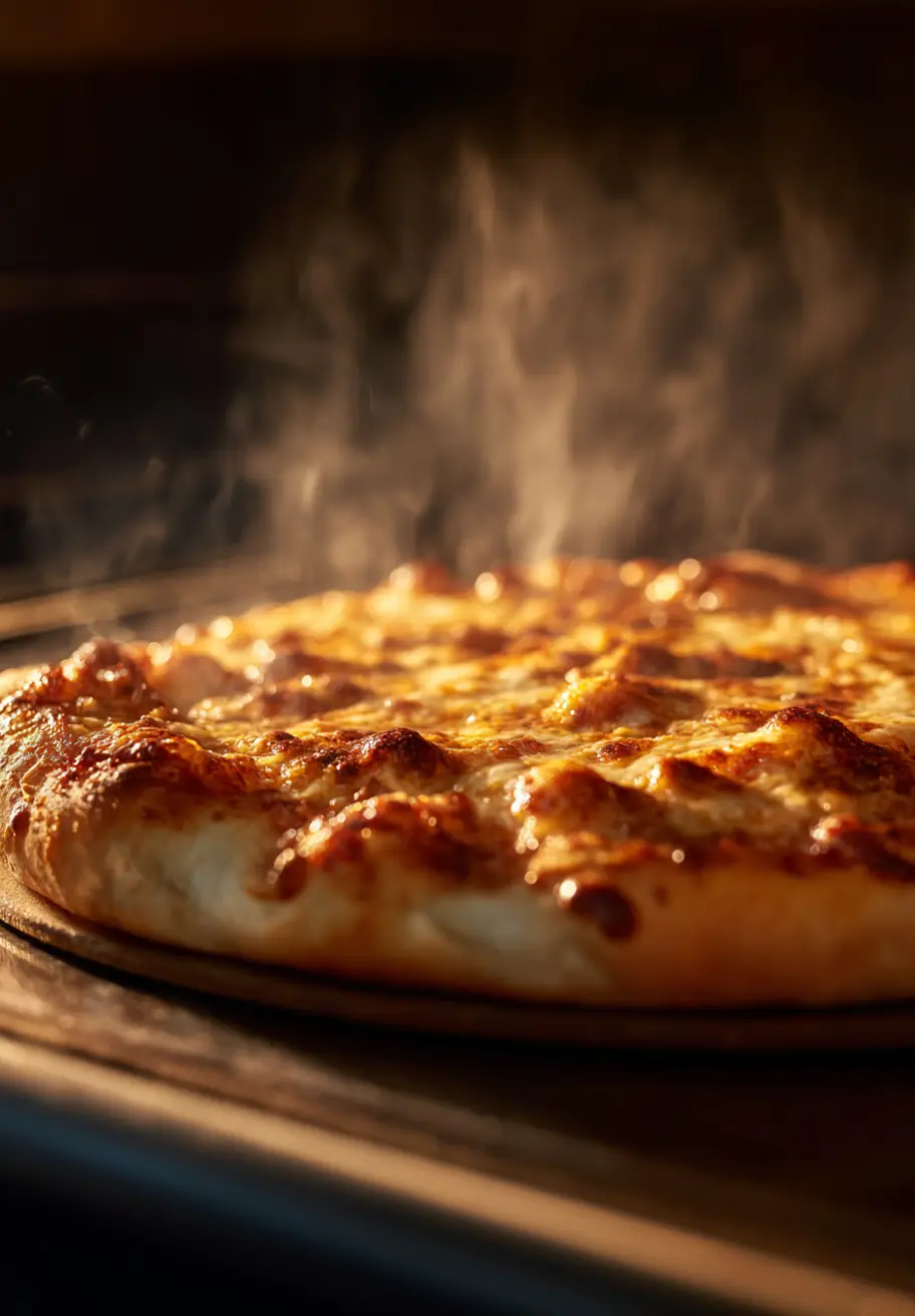 vegan pizza baking in hot oven with rising steam