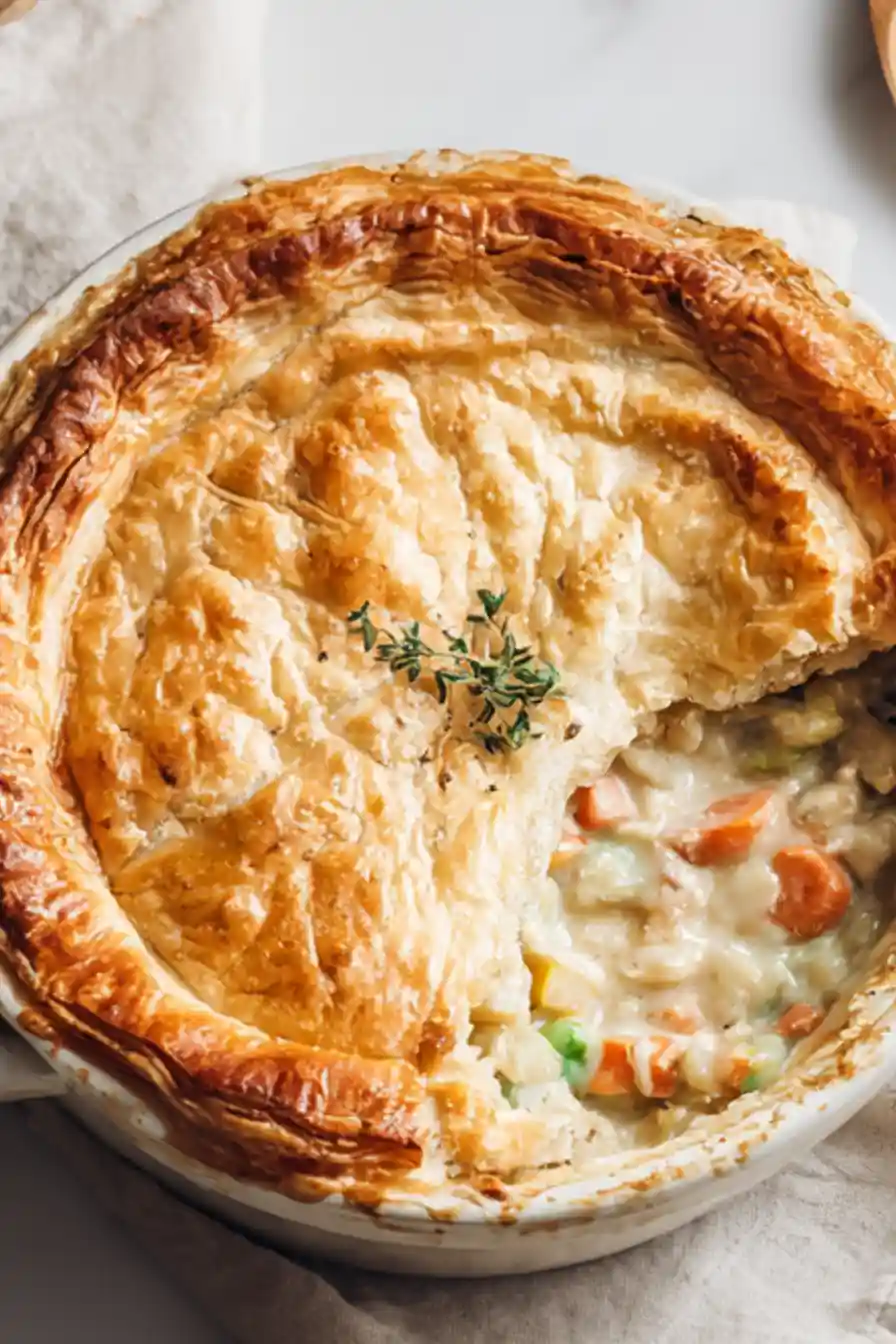 top view of a whole vegan pot pie in a white dish with flaky crust and herbs