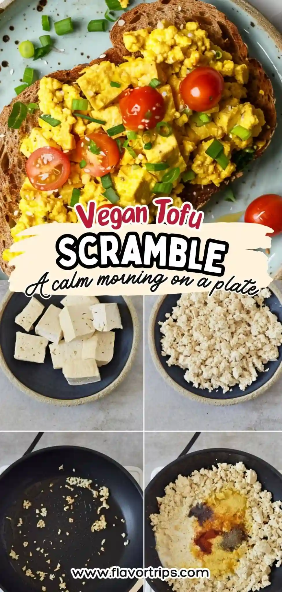 Top-down view of vegan tofu scramble with cherry tomatoes on toasted bread