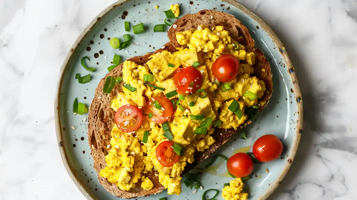Vegan tofu scramble on toast with cherry tomatoes and scallions, step-by-step recipe collage