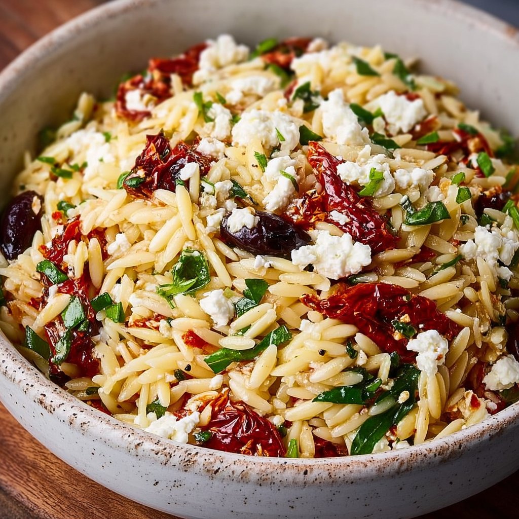 Homemade Orzo Pasta Salad with Feta and Sun-Dried Tomatoes - Flirty Food