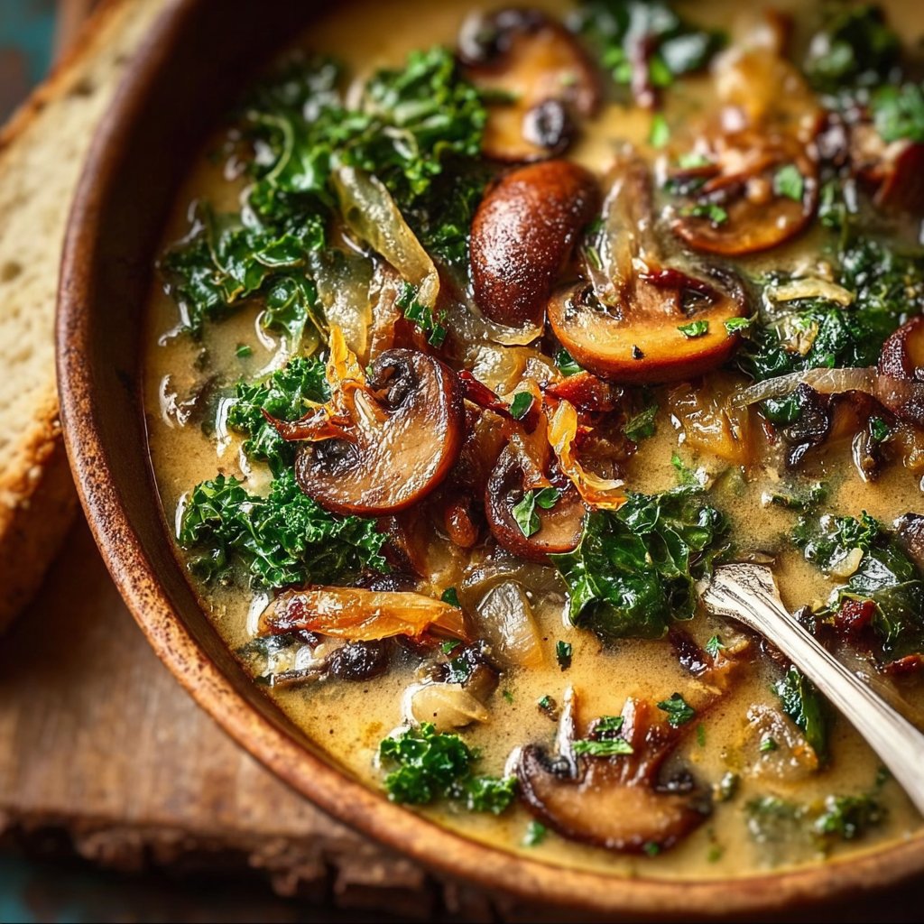 Comforting Wild Mushroom, Caramelized Onion and Kale Soup - homefoodkitchen