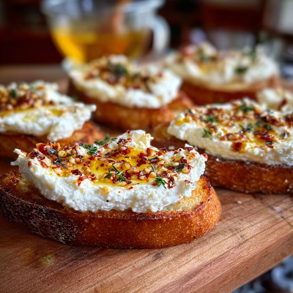 Sweet and Spicy Whipped Feta Crostini