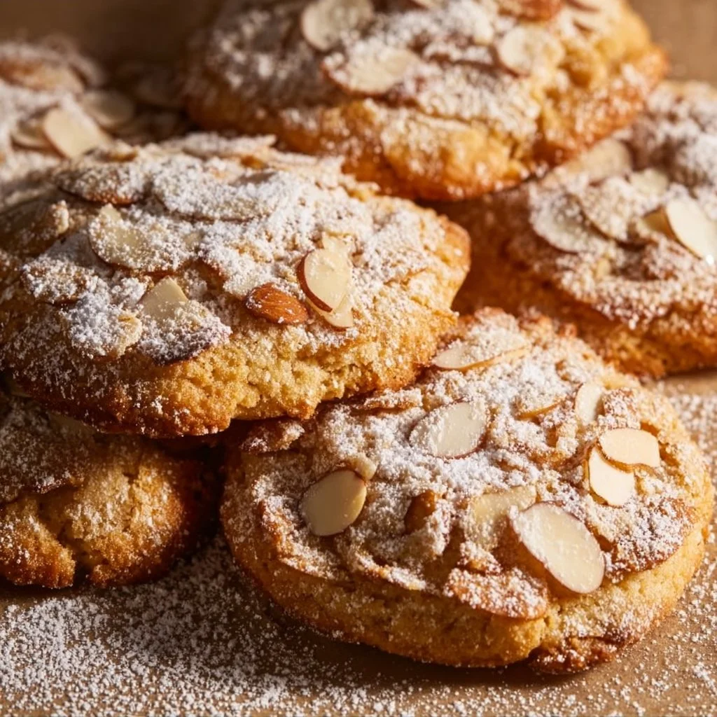 Freshly baked almond cookies on a cooling rack