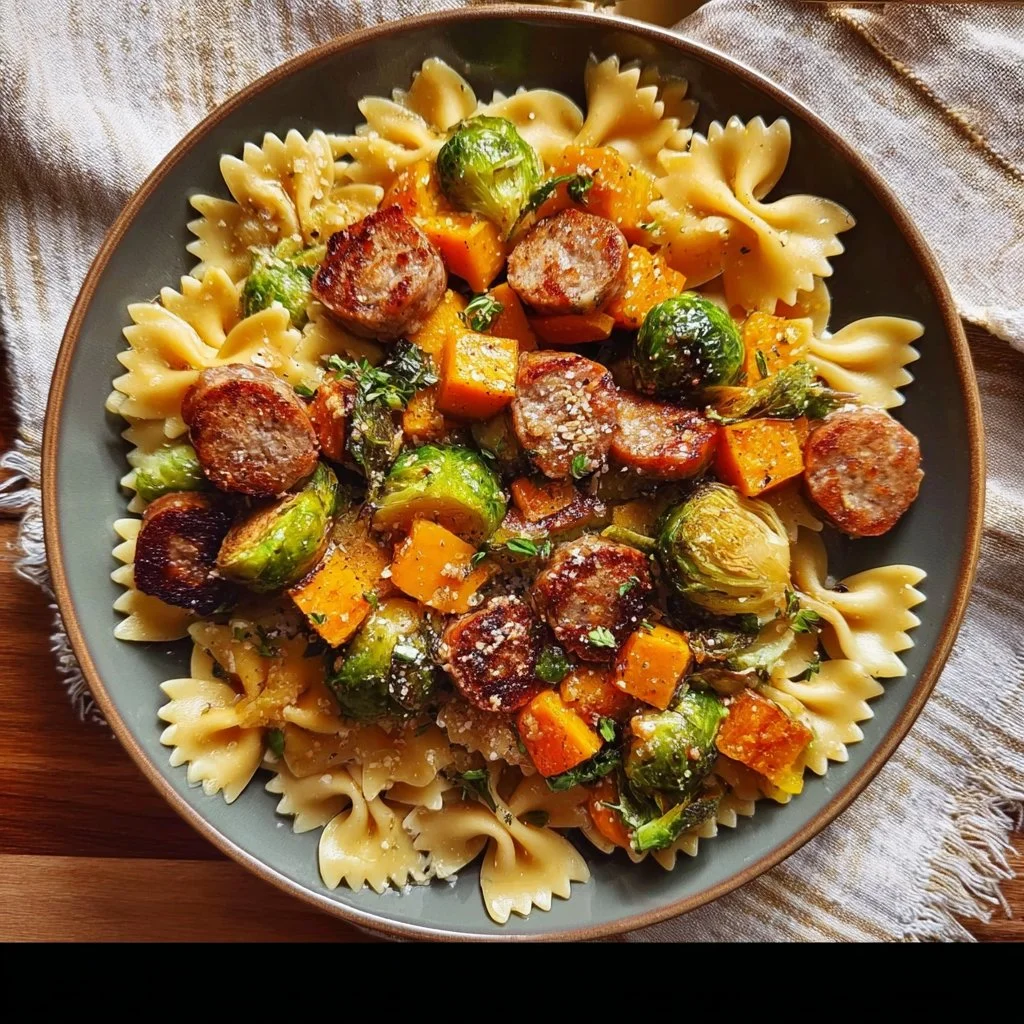 Autumn Dinner with Sausage, Pasta, Brussels Sprouts, and Butternut Squash