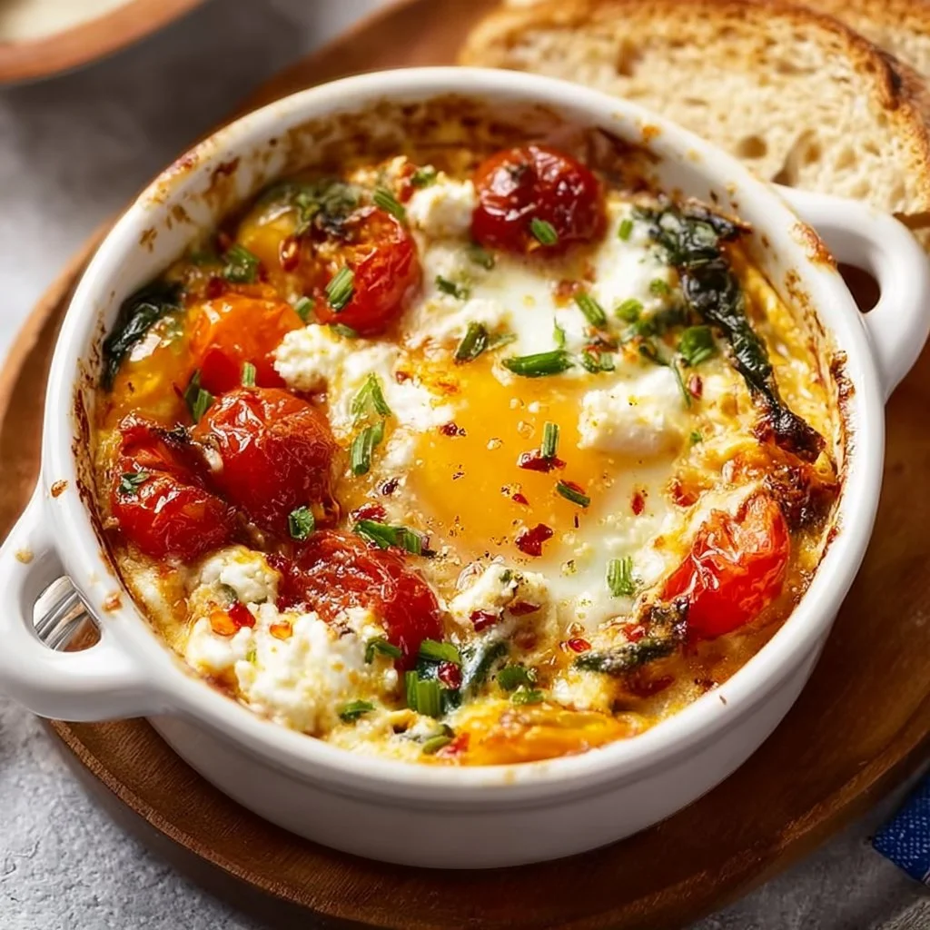 Delicious baked feta eggs with tomatoes and spinach in a skillet