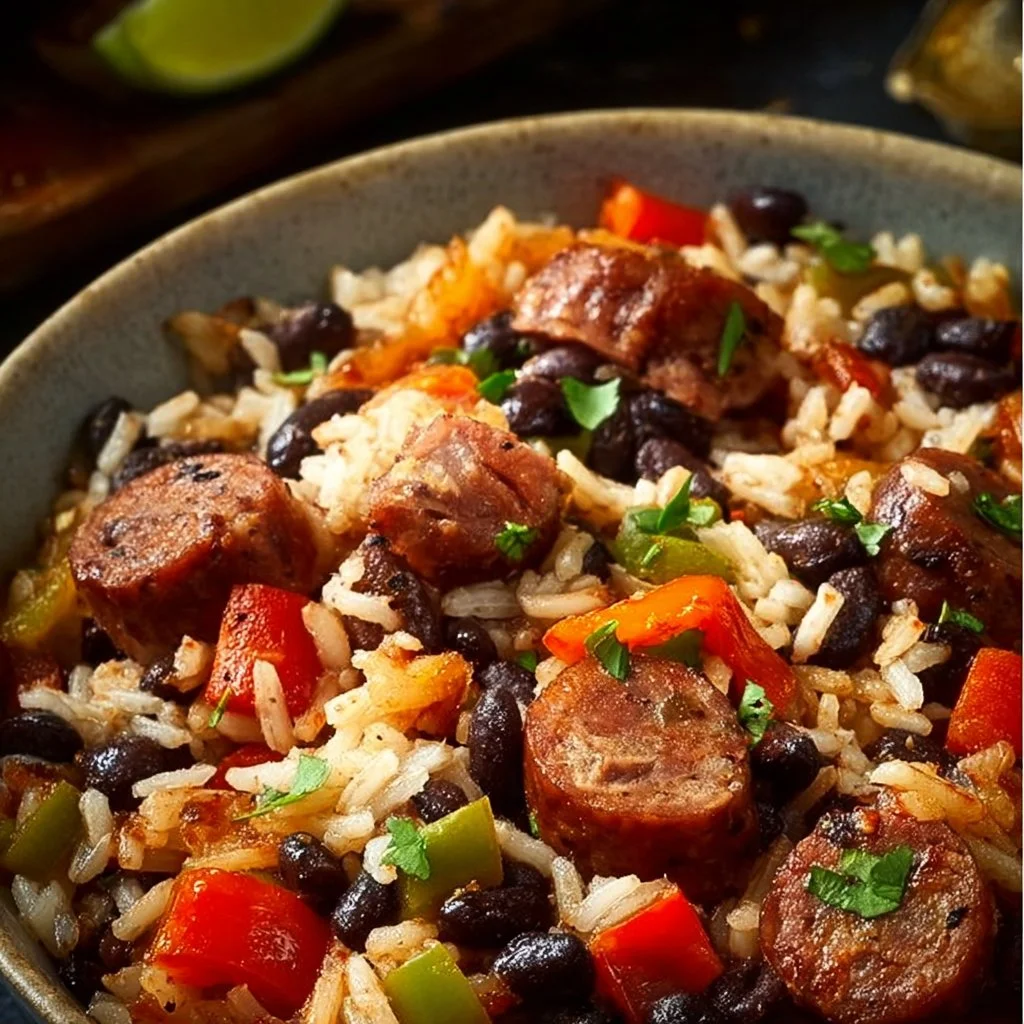 Black Beans and Rice with Sausage 1 Plate of black beans and rice with sausage garnished with herbs