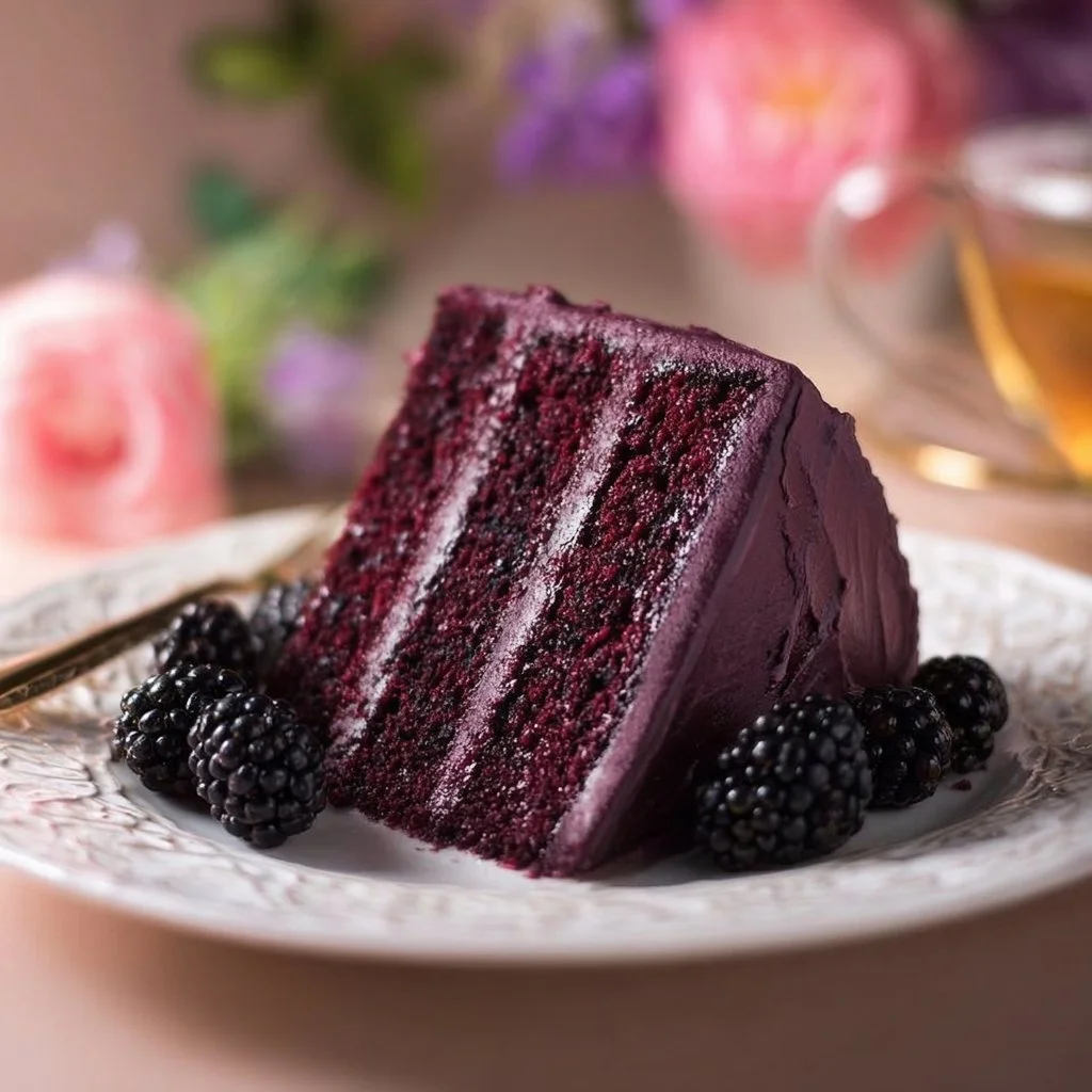 Slices of delectable Blackberry Velvet Cake topped with fresh blackberries