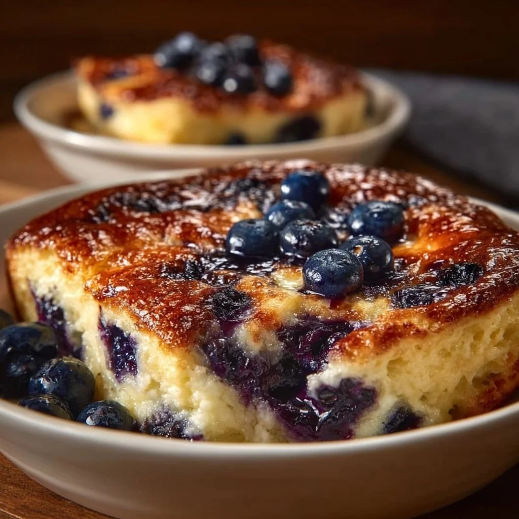 Delicious Blueberry Buttermilk Pancake Casserole baked in a dish.