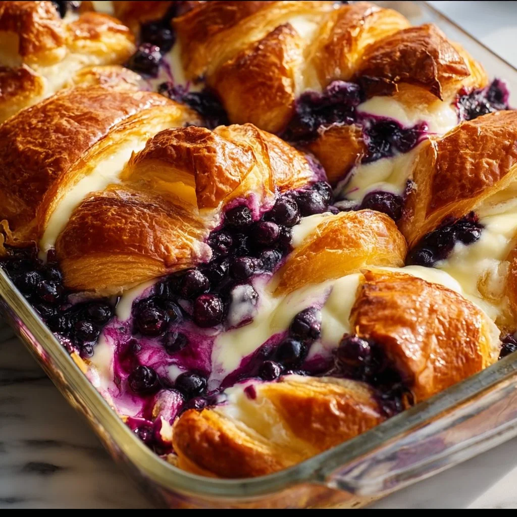 Blueberry cream cheese croissant casserole baked to perfection
