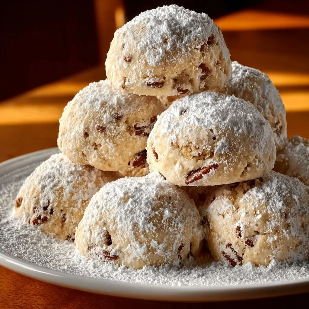 Delicious buttery pecan snowball cookies on a decorative plate