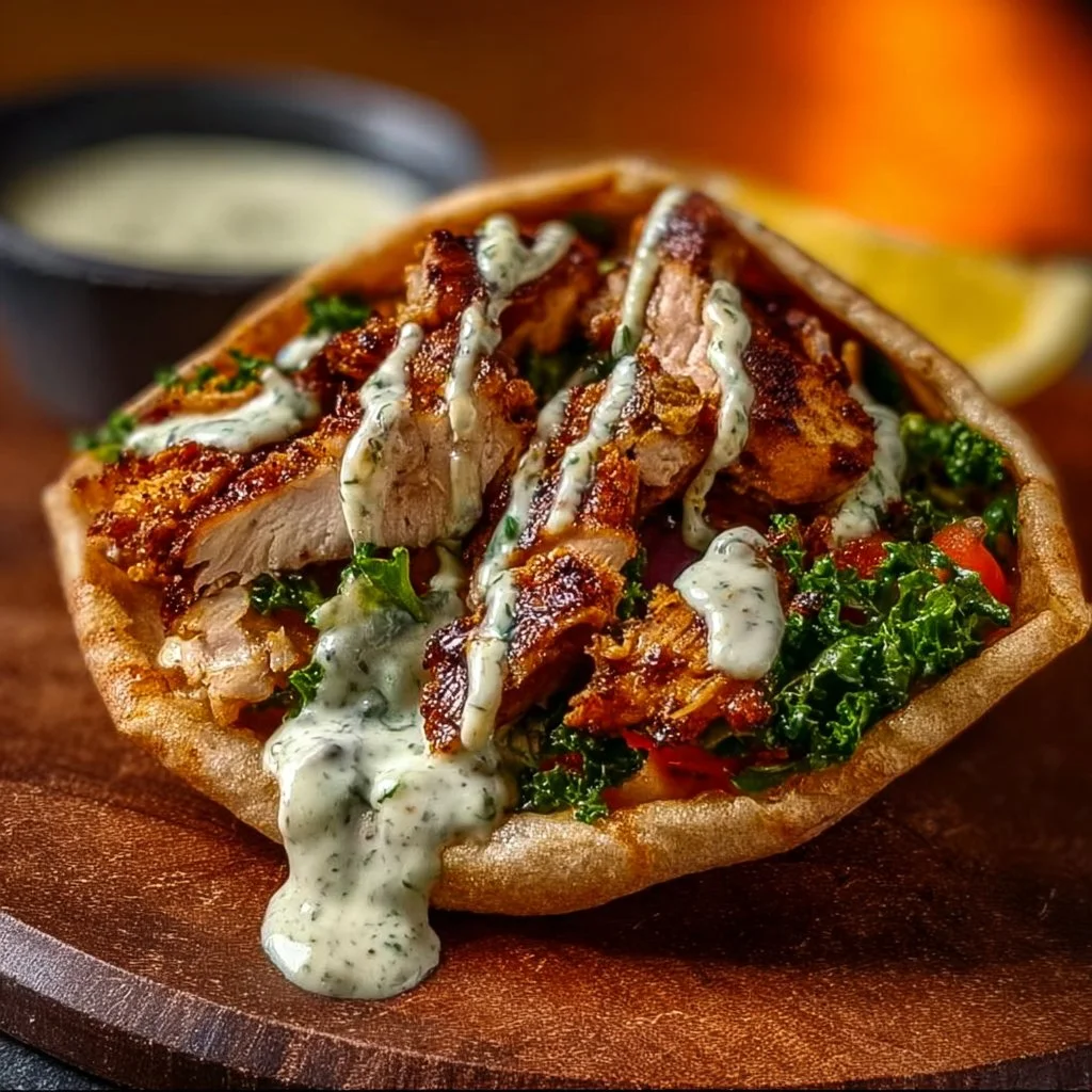 Delicious Chicken Shawarma served with fresh vegetables and sauces