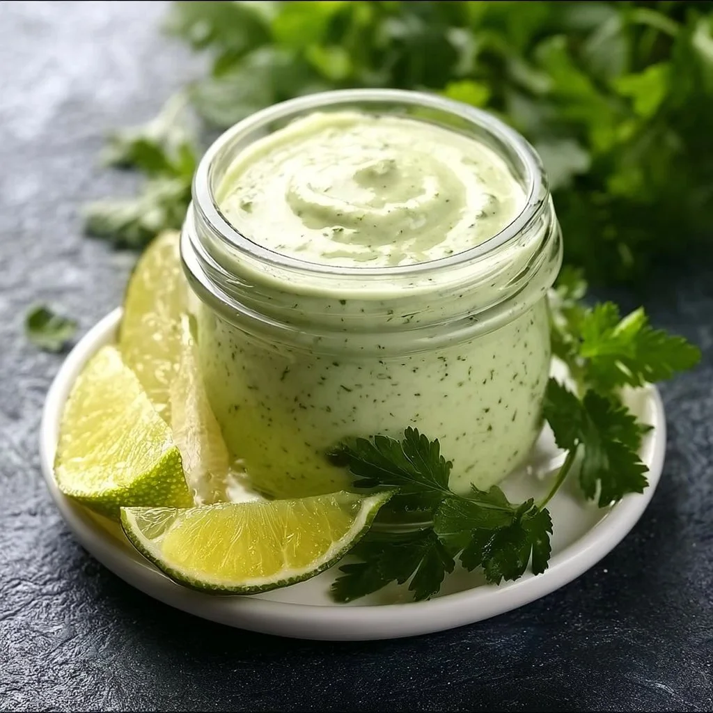 Bowl of Cilantro Garlic Sauce with fresh cilantro and garlic cloves.