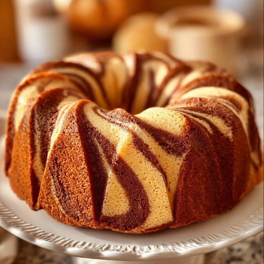 Delicious Cinnamon Swirl Bundt Cake served on a plate with cinnamon dusting