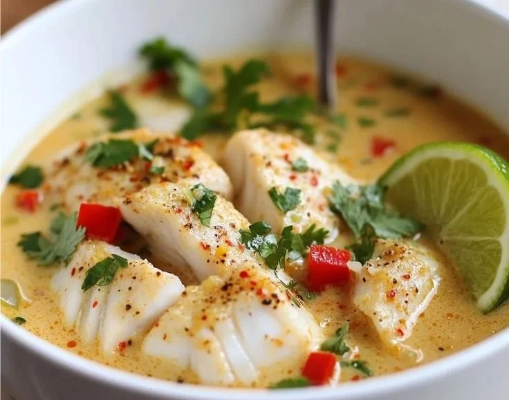 Bowl of Coconut Lime Fish Soup garnished with herbs and lime slices