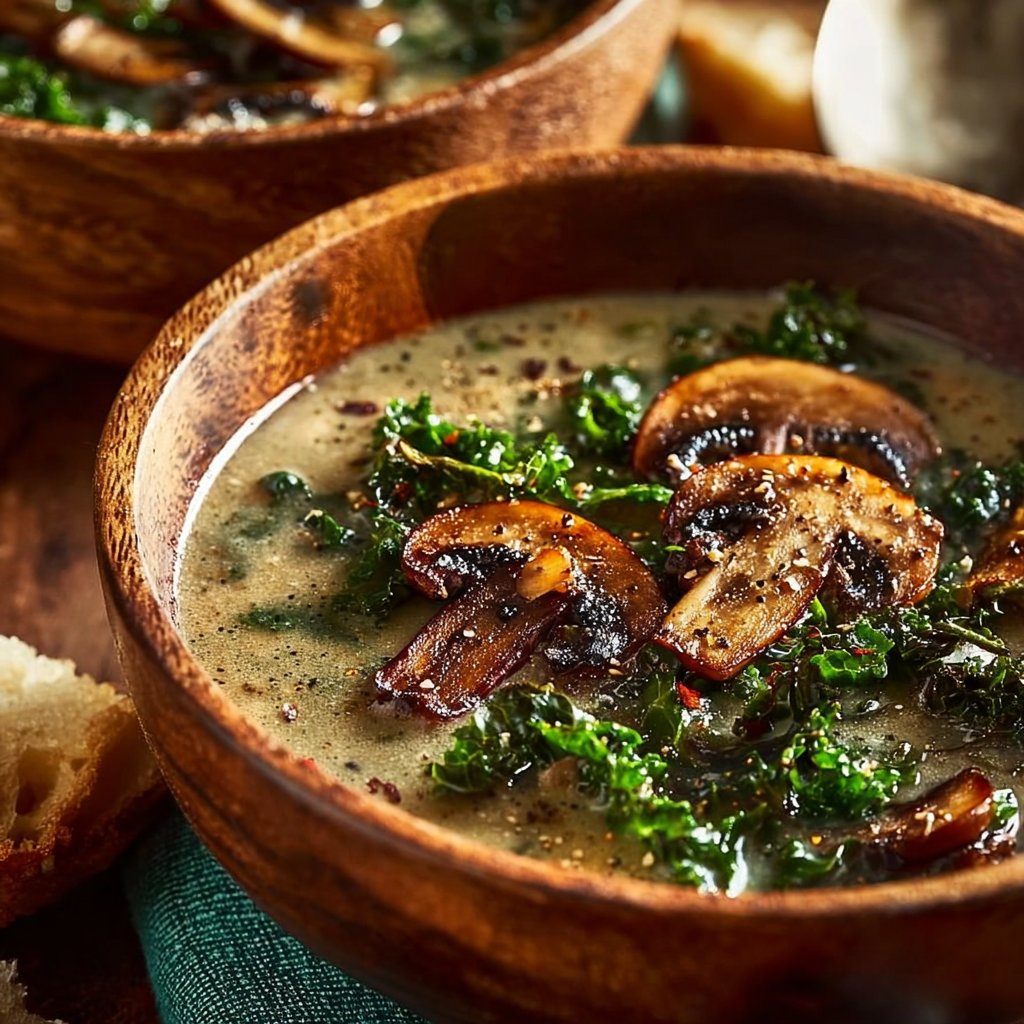 Comforting Wild Mushroom, Caramelized Onion and Kale Soup - homefoodkitchen