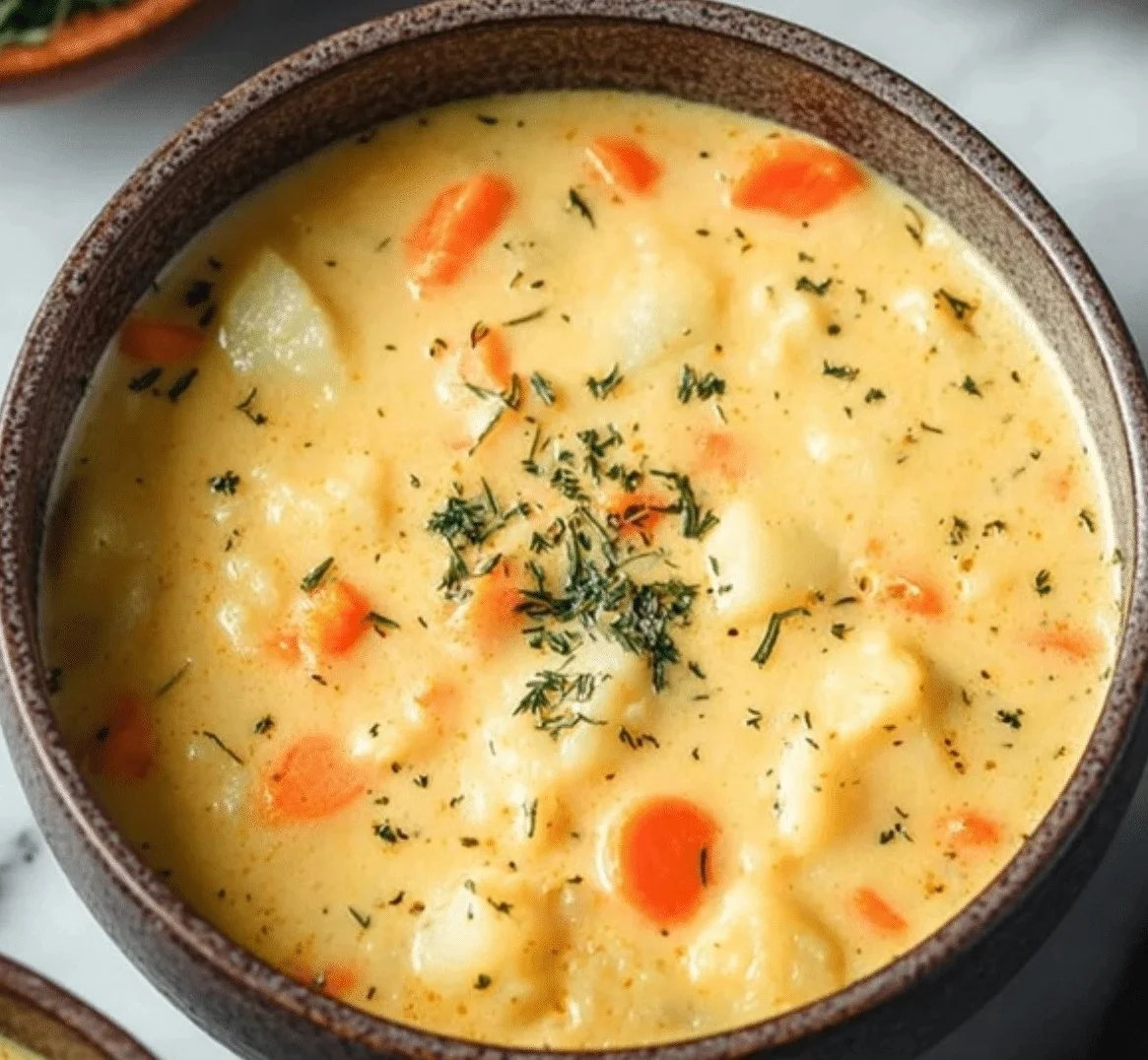 Bowl of creamy carrot potato soup garnished with herbs