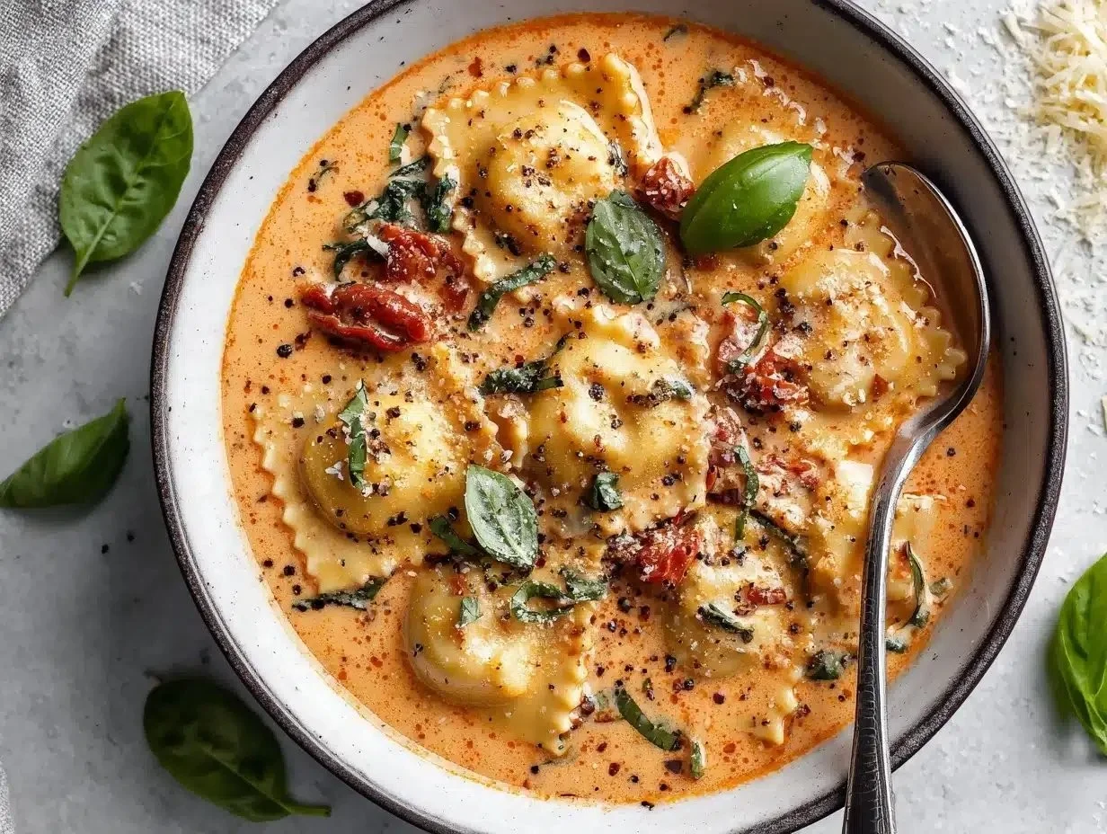 Bowl of creamy Tuscan ravioli soup garnished with herbs