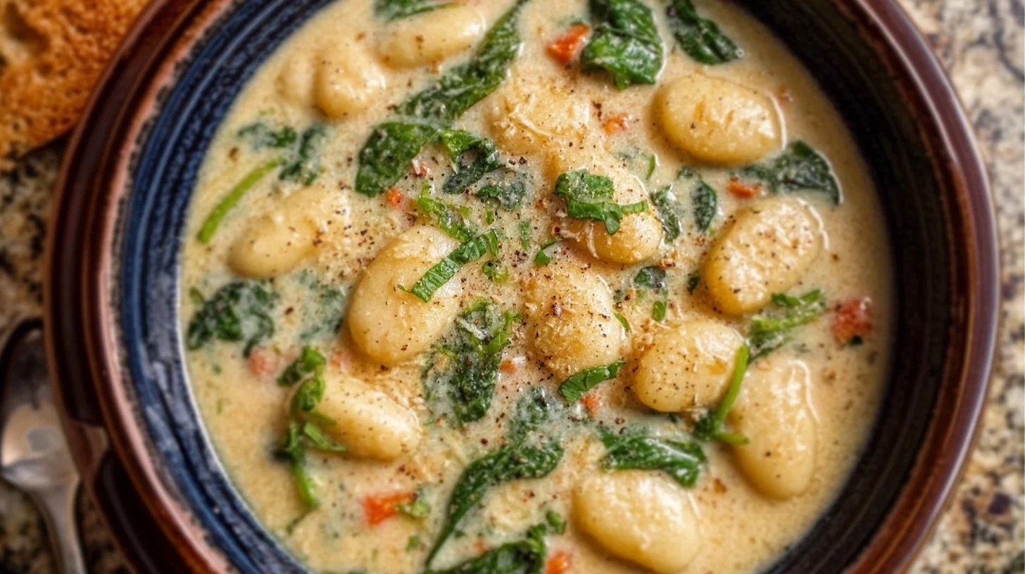 Bowl of creamy vegetarian gnocchi soup with fresh herbs and vegetables