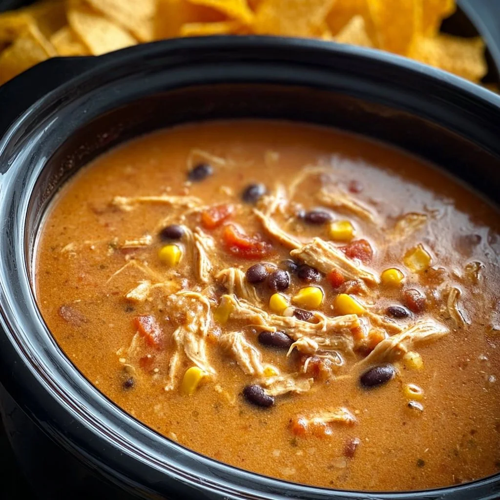 Bowl of Crockpot Chicken Tortilla Soup topped with tortilla chips and cilantro